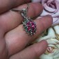 Magenta Created Ruby Marcasite Sliding Pendant Necklace .925 Sterling Silver 18"