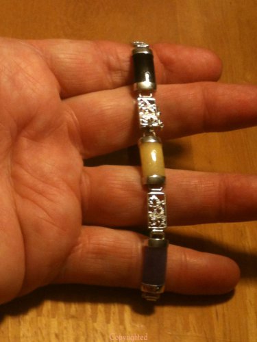 Curved Natural Jade & Onyx Link Bracelet .925 Sterling Silver 7.75" 7 3/4 in