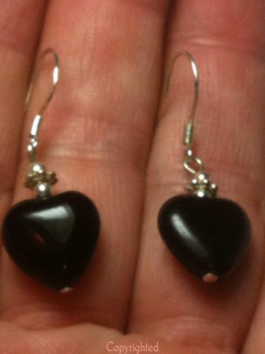 Petite Natural Onyx Heart Dangle Drop Earrings .925 Sterling Silver "Handmade"