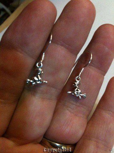 .925 Sterling Silver PETITE 3D Witch Flying On Broom Dangle Earrings "Handmade"
