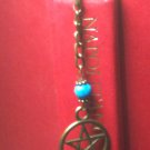 Bronze Tone Mini Bookmark Dangling Turquoise Ceramic Bead & Pentacle "Handmade"