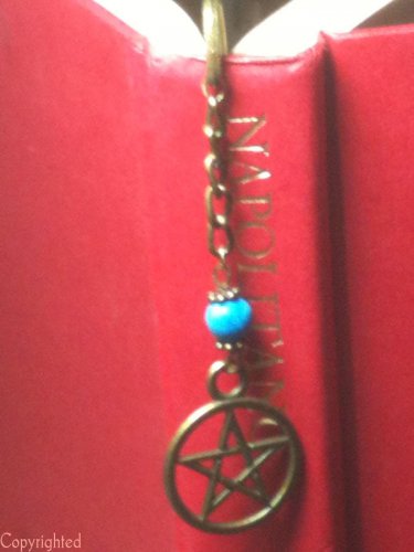 Bronze Tone Mini Bookmark Dangling Turquoise Ceramic Bead & Pentacle "Handmade"