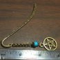 Bronze Tone Mini Bookmark Dangling Turquoise Ceramic Bead & Pentacle "Handmade"