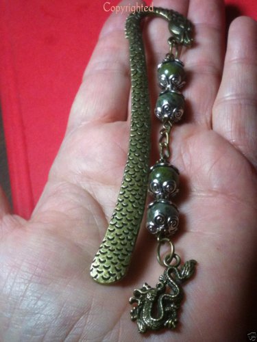 Bookmark Dangling Jasper Beads & Dragon Silver & Bronze Tone Findings "Handmade"