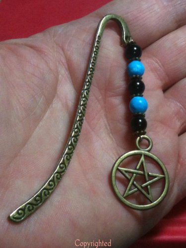 Black & Ceramic Beads,Pentacle Charm Antique BronzeTone Mini Bookmark "Handmade"