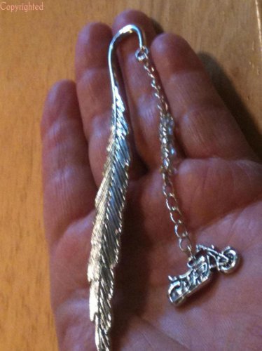Silver Tone LARGE 4.5" Leaf Bookmark with Dangling Harley HD Charm Handmade