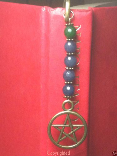 "Handmade" Antique Bronze Tone Bookmark Green/Blue Jade Beads Dangling Pentacle