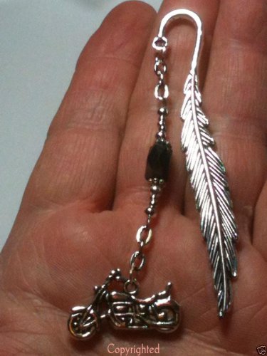 MINI Leaf Bookmark with Hematite Bead & Antique SilverTone Harley HD Charm,Beads