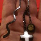 Dangling Tiger Iron Cross & Sacred Heart Bead Black Metal Mini Bookmark & Chains