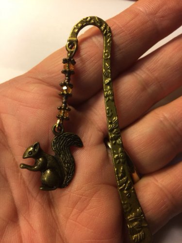 Antique Bronze Tone Mini Bookmark with Bicone Beads & 3D Squirrel Charm
