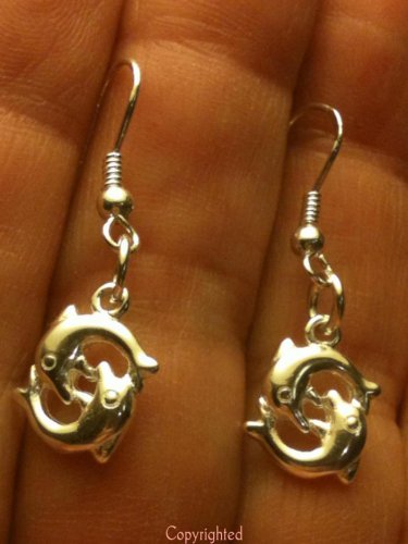 PETITE Twin Drop Dolphin Dangle Earrings Hanfmade 925 Sterling Silver SHIPS FREE