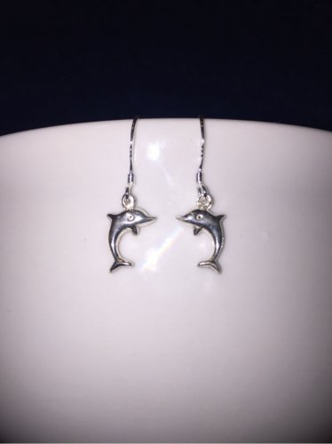 Mini Dolphin PETITE Dangle Drop Earrings 925 Sterling Silver without Jump Ring