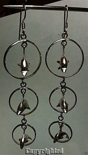 Graduated Triple Circles Dolphins Dangle Drop Earrings .925 Sterling Silver OAK