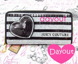 Juicy Couture Black Gray Heart Sequin Stripe J Charm Zip Around Clutch Wallet