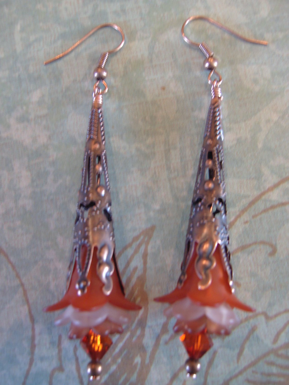 Burnt Orange Long Romantic Petal Cone Copper  Earrings