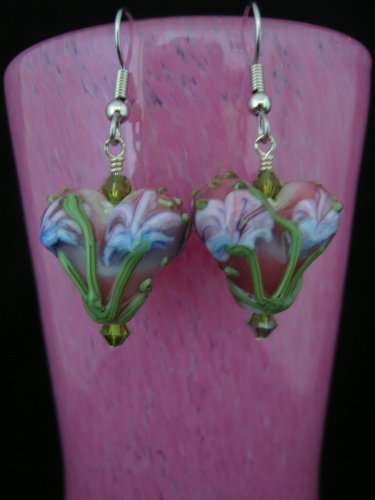 Lampwork Flower Puffed Heart Earring