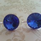 18mm Sapphire Swarovski Crystal Rivoli Silver Plate Fish Hook Earrings