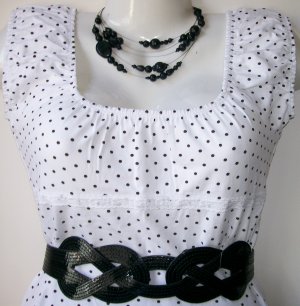 OutFitKit black white polka dot blouse black full skirt with red accessories