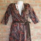 OutFitKit brown orange red swirl retro print three quarter sleeve wrap dress with accessories