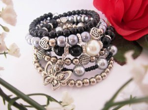 Black and Silver Charm Bracelet, Beaded Bracelet, Stacked Bracelet