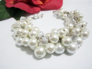 Bridal Jewelry, Beaded Cluster Bracelet, Cluster Pearl and Crystal Bracelet, White and Ivory