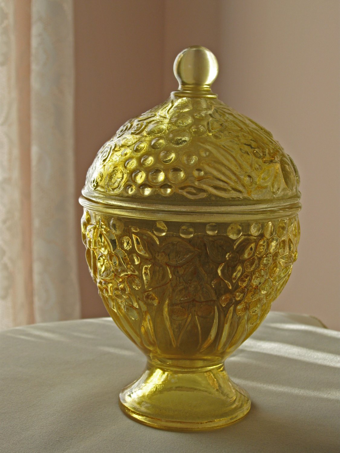 Avon Footed Yellow Embossed Glass Candle Holder with Lid 1960s Vintage