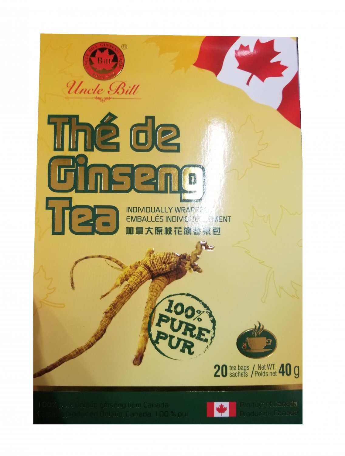 NEW Uncle Bill Ginseng Herbal Tea 20 tea bags sachets 100 Pure Ginseng NOW