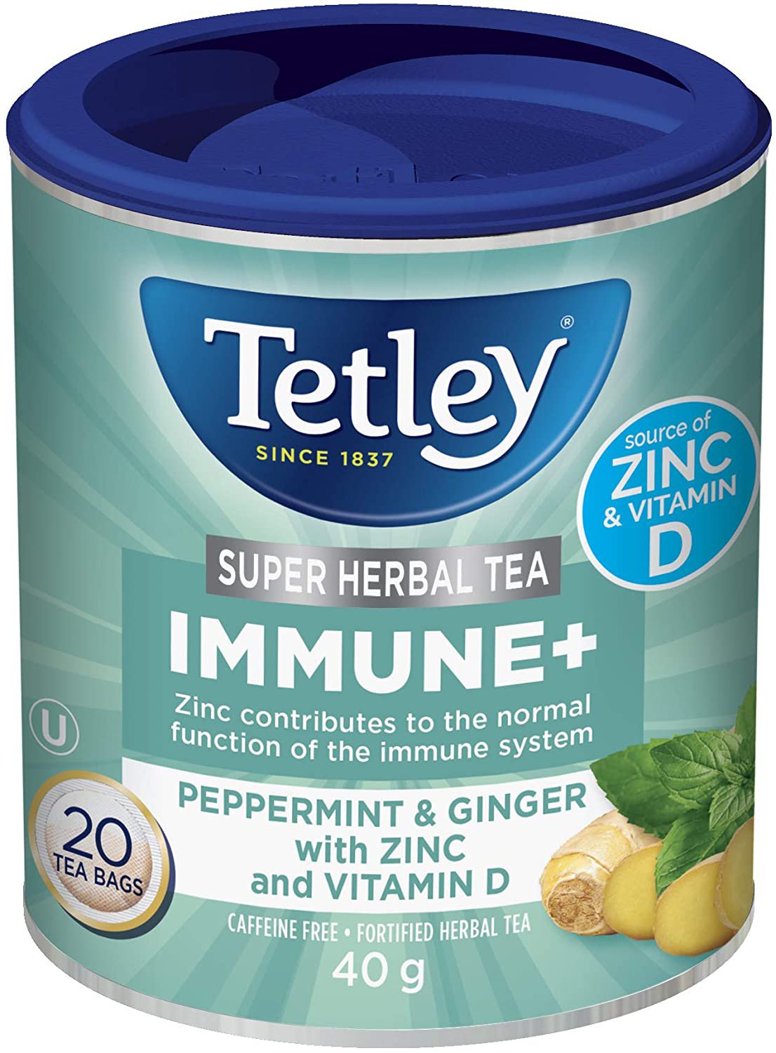 Tetley Immune with Ginger and Peppermint, Zinc and Vitamin D Super Herbal Tea 20 tea bags