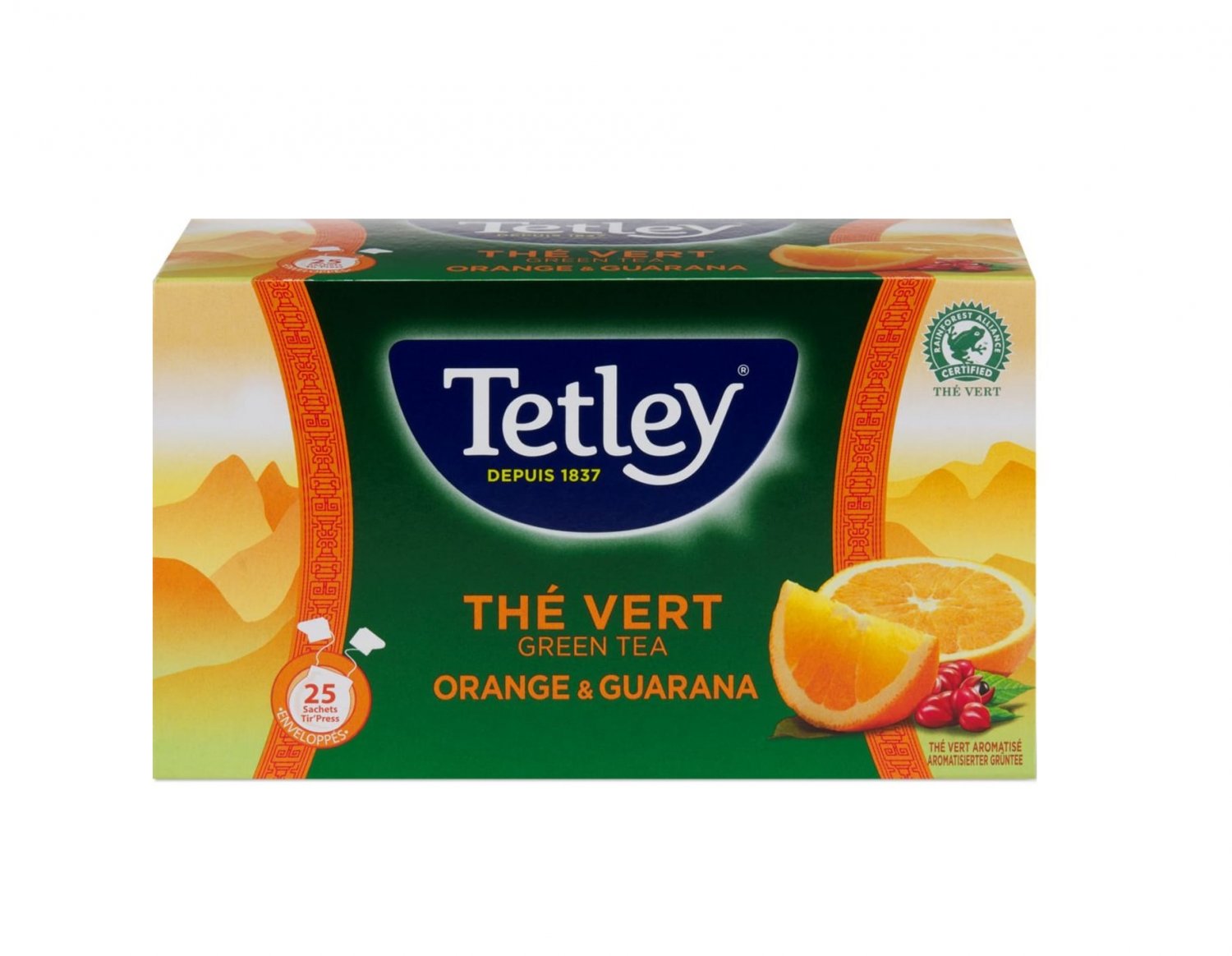 French Tetley Green Tea Orange And Guarana Infusion Herbal Tea 25 Sachets