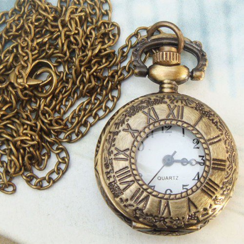 Retro Brass Clock Locket Pocket Watch Pendant Necklace M
