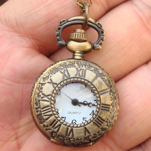 Retro Brass Clock Locket Pocket Watch Pendant Necklace M
