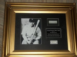 Babe Ruth autographed display and swatch of AUTHENTIC 1932 uniform framed