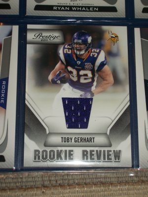 RARE TOBY GERHART 2011 Panini Prestige worn jersey swatch "Rookie Review" insert football card