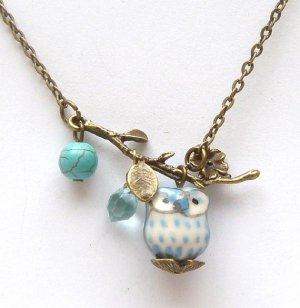 Antiqued Brass Leaf Turquoise Quartz Porcelain Owl Necklace