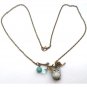 Antiqued Brass Leaf Turquoise Quartz Porcelain Owl Necklace