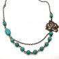Antiqued Brass Flower Green Turquoise Necklace