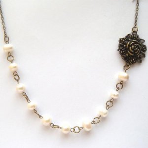Antiqued Brass Flower White Pearl Necklace