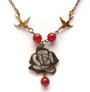 Antiqued Brass Flower Bird Red Agate Necklace
