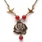 Antiqued Brass Flower Bird Red Agate Necklace