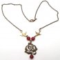 Antiqued Brass Flower Bird Red Agate Necklace
