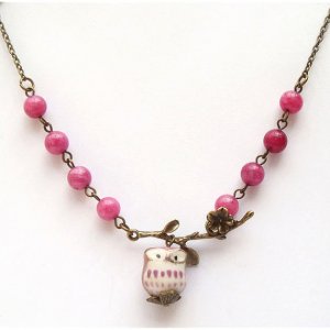 Antiqued Brass Leaf Purple Jade Porcelain Owl Necklace