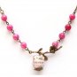 Antiqued Brass Leaf Purple Jade Porcelain Owl Necklace