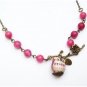 Antiqued Brass Leaf Purple Jade Porcelain Owl Necklace