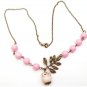 Antiqued Brass Leaf Pink Jade Porcelain Owl Necklace