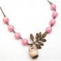 Antiqued Brass Leaf Pink Jade Porcelain Owl Necklace