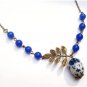 Antiqued Brass Leaf Blue Jade Porcelain Owl Necklace