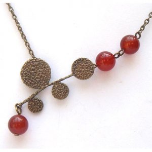 Antiqued Brass Leaf Red Agate Necklace