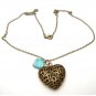 Antiqued Brass Heart Green Turquoise Necklace