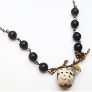 Antiqued Brass Leaf Black Agate Porcelain Owl Necklace