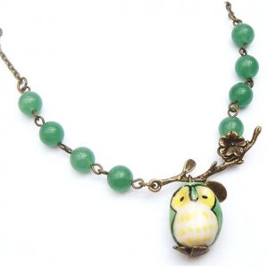 Antiqued Brass Leaf Green Jade Porcelain Owl Necklace